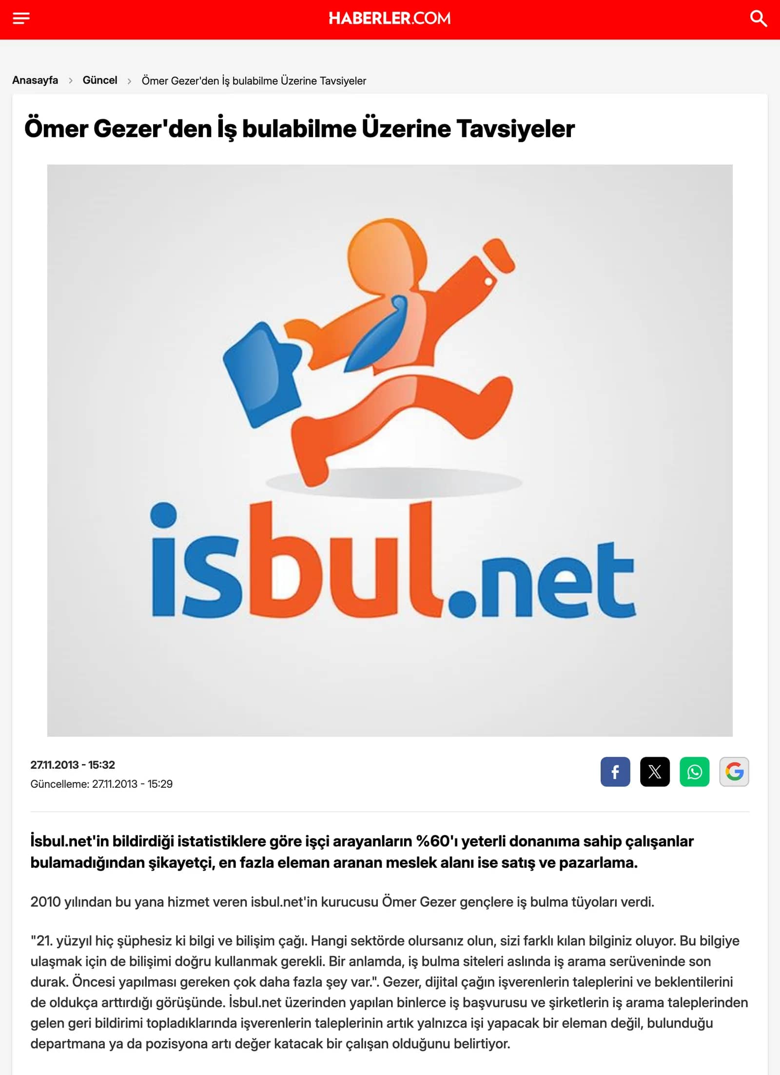 Haberler.com — Ömer Gezer’den İş Bulabilme Üzerine Tavsiyeler haberinin ekran görüntüsü
