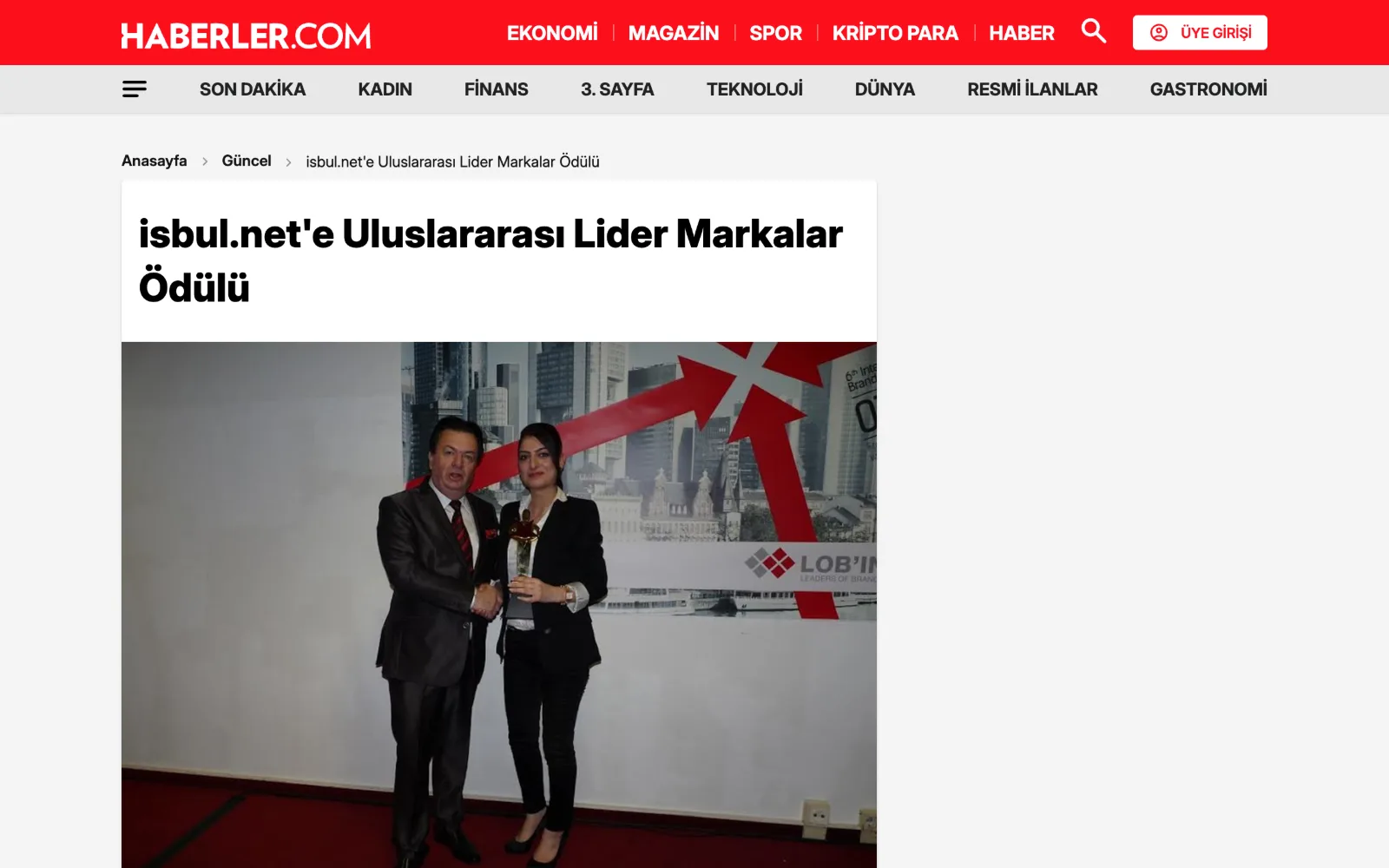 Haberler.com — isbul.net’e Uluslararası Lider Markalar Ödülü haberinin ekran görüntüsü
