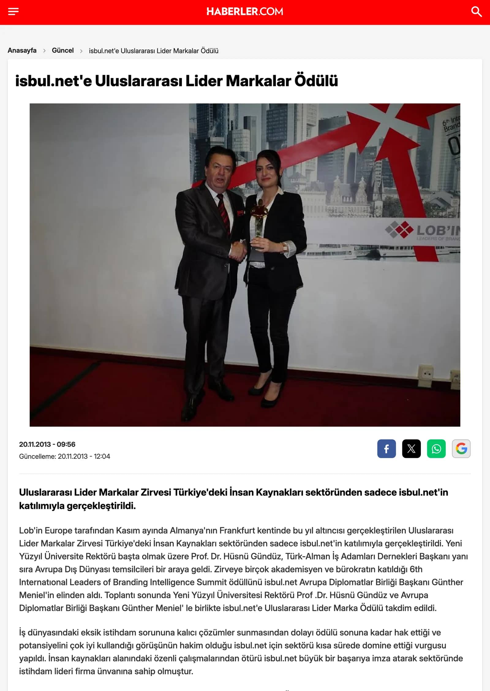 Haberler.com — isbul.net’e Uluslararası Lider Markalar Ödülü haberinin ekran görüntüsü