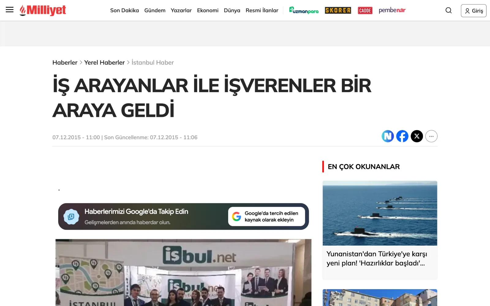 Milliyet — İş arayanlar ile işverenler bir araya geldi haberinin ekran görüntüsü