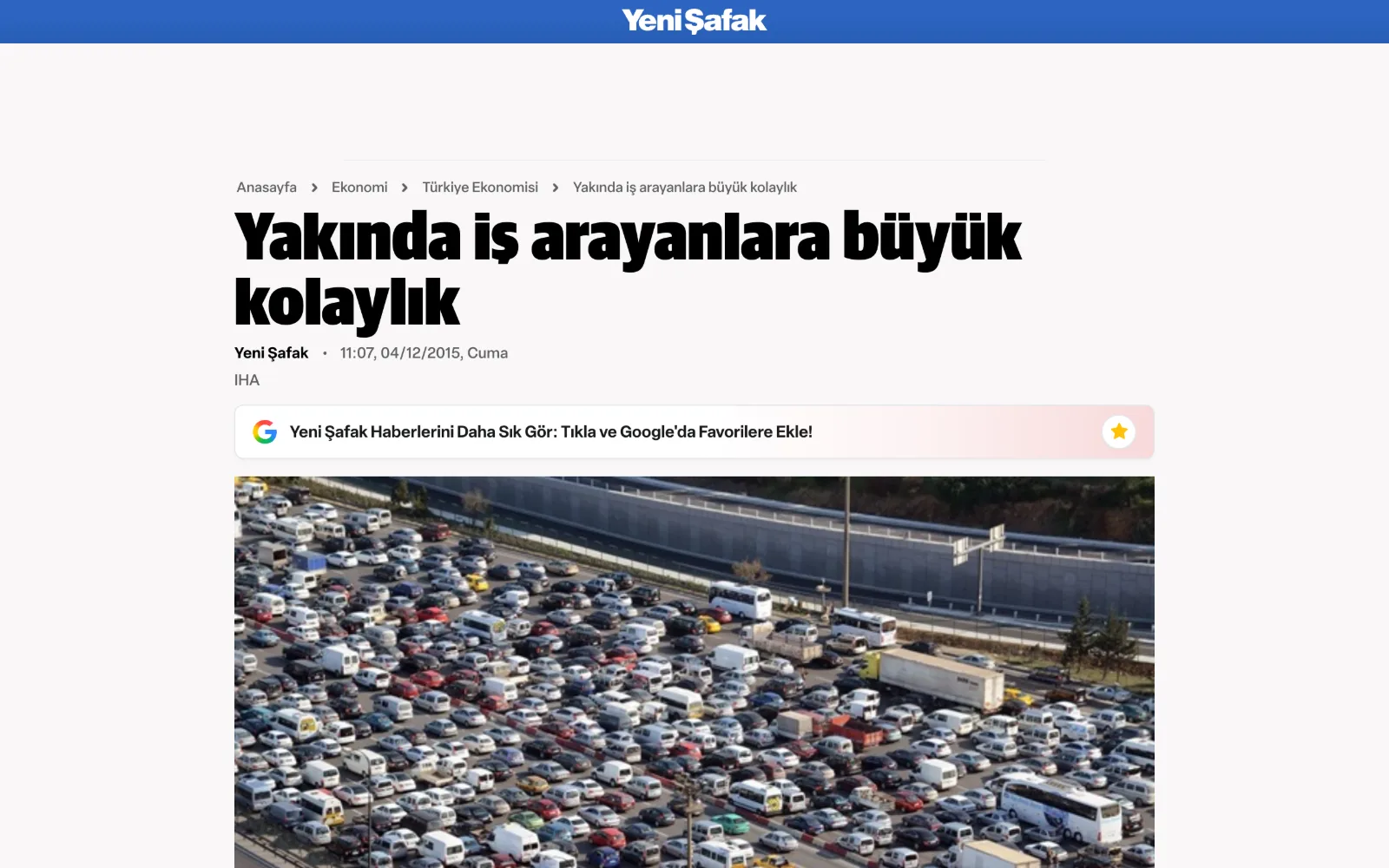 Yeni Şafak — Yakında iş arayanlara büyük kolaylık haberinin ekran görüntüsü