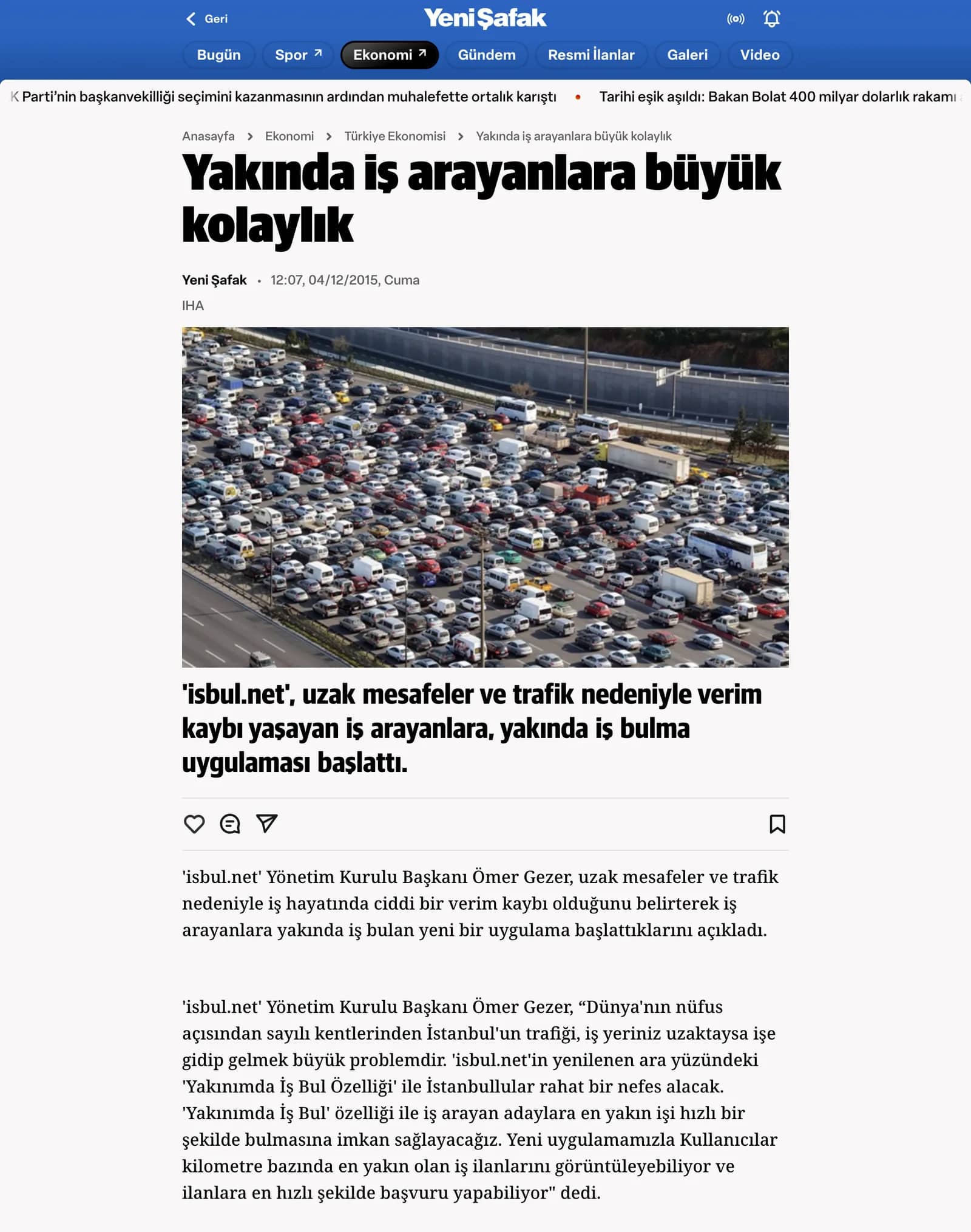 Yeni Şafak — Yakında iş arayanlara büyük kolaylık haberinin ekran görüntüsü
