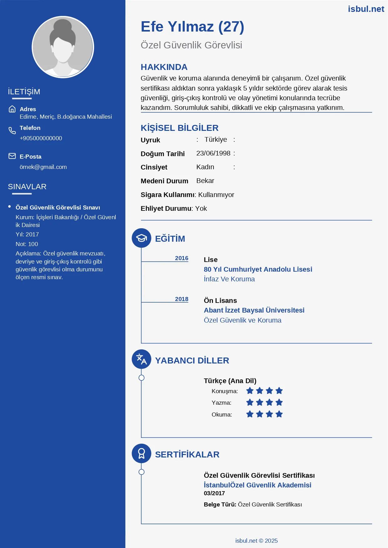 CV Ornegi: Ozel Guvenlik CV Ornegi