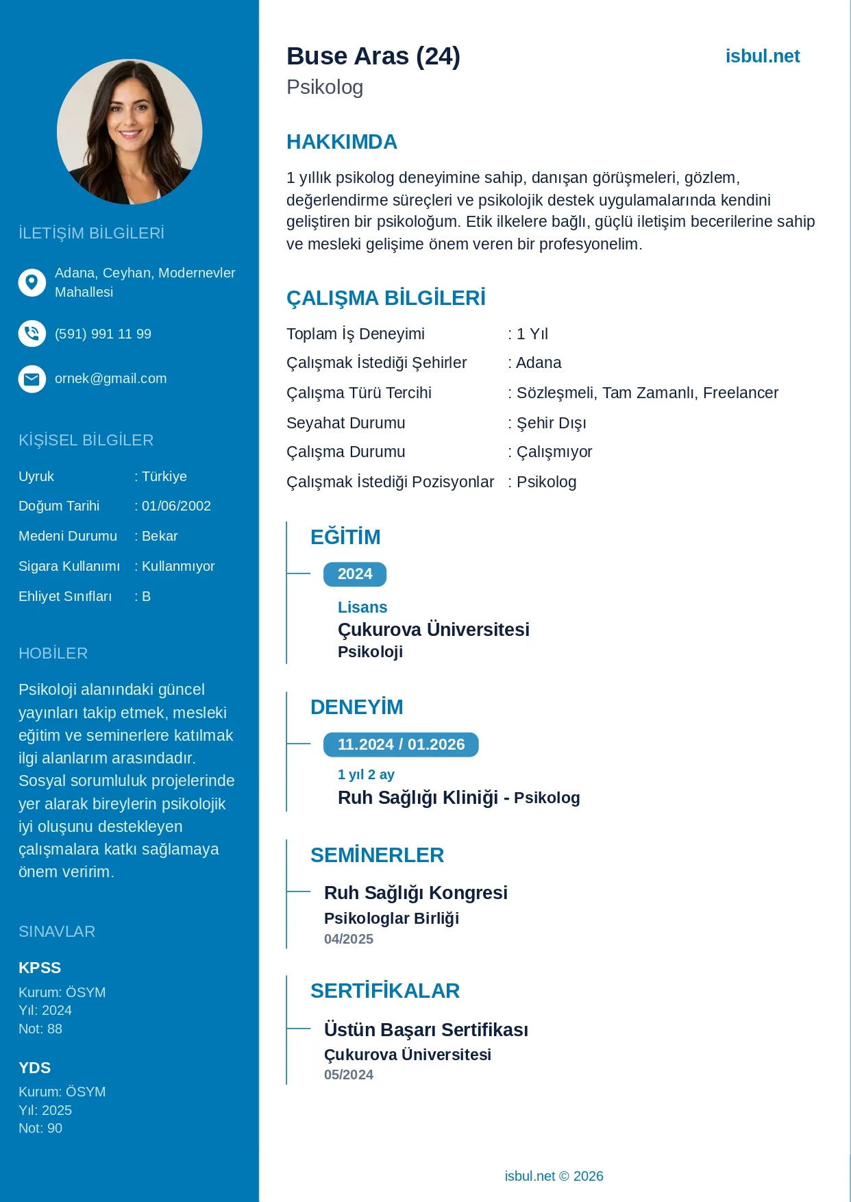 CV Ornegi: Psikolog CV Ornegi