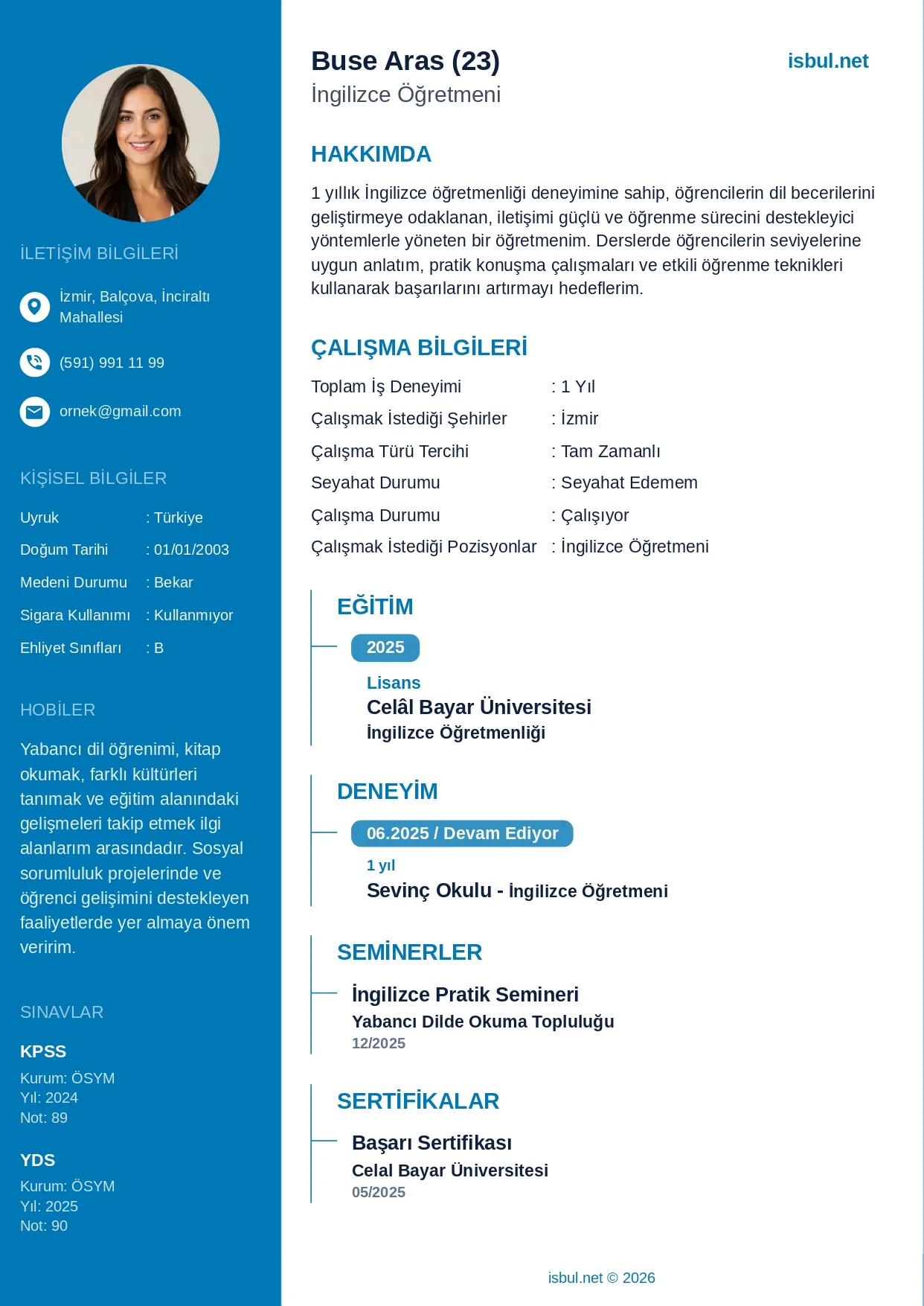 CV Ornegi: Ingilizce Ogretmeni CV Ornegi
