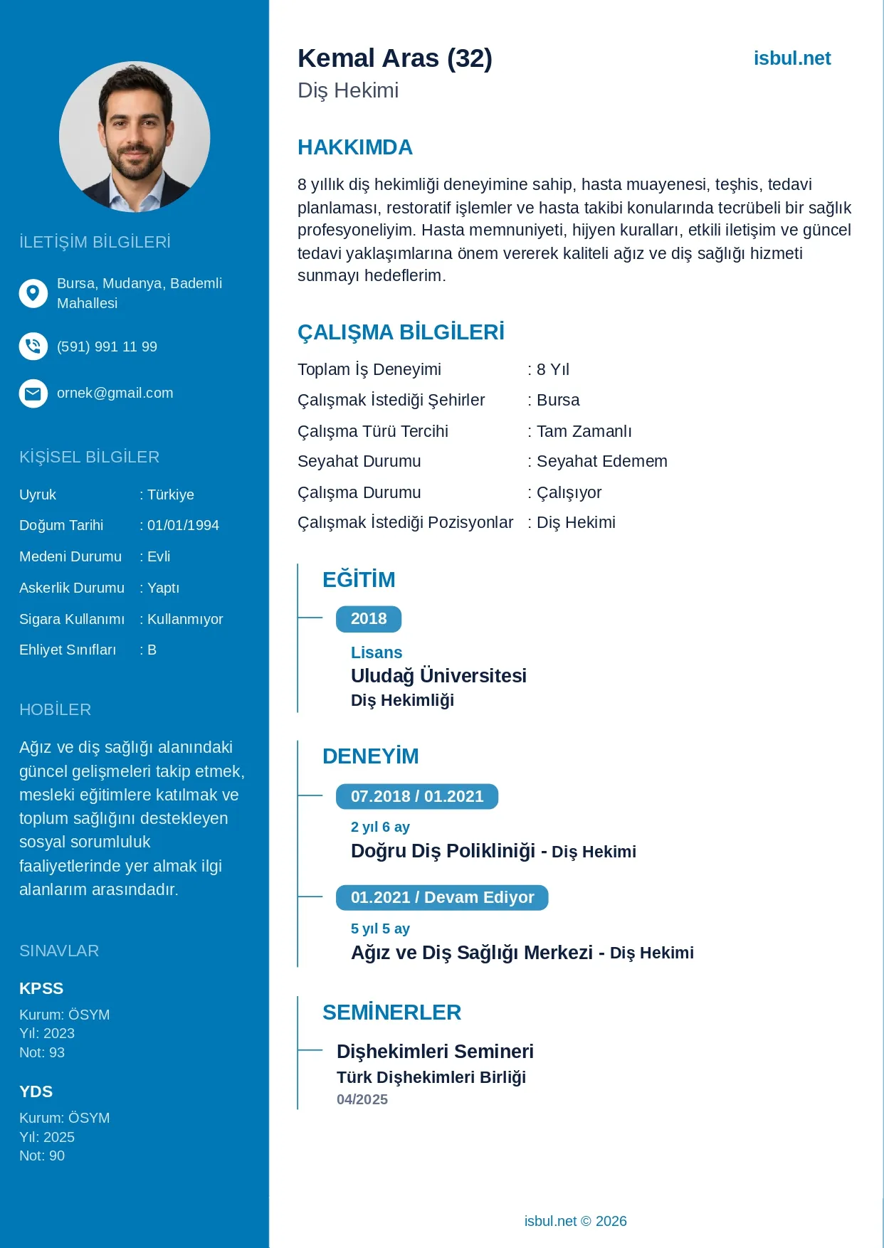 CV Ornegi: Dis Hekimi CV Ornegi