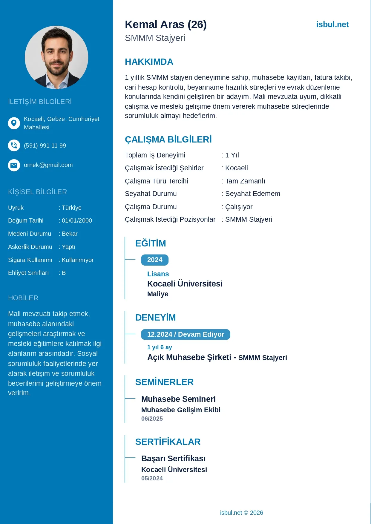 CV Ornegi: SMMM Stajyer CV Ornegi