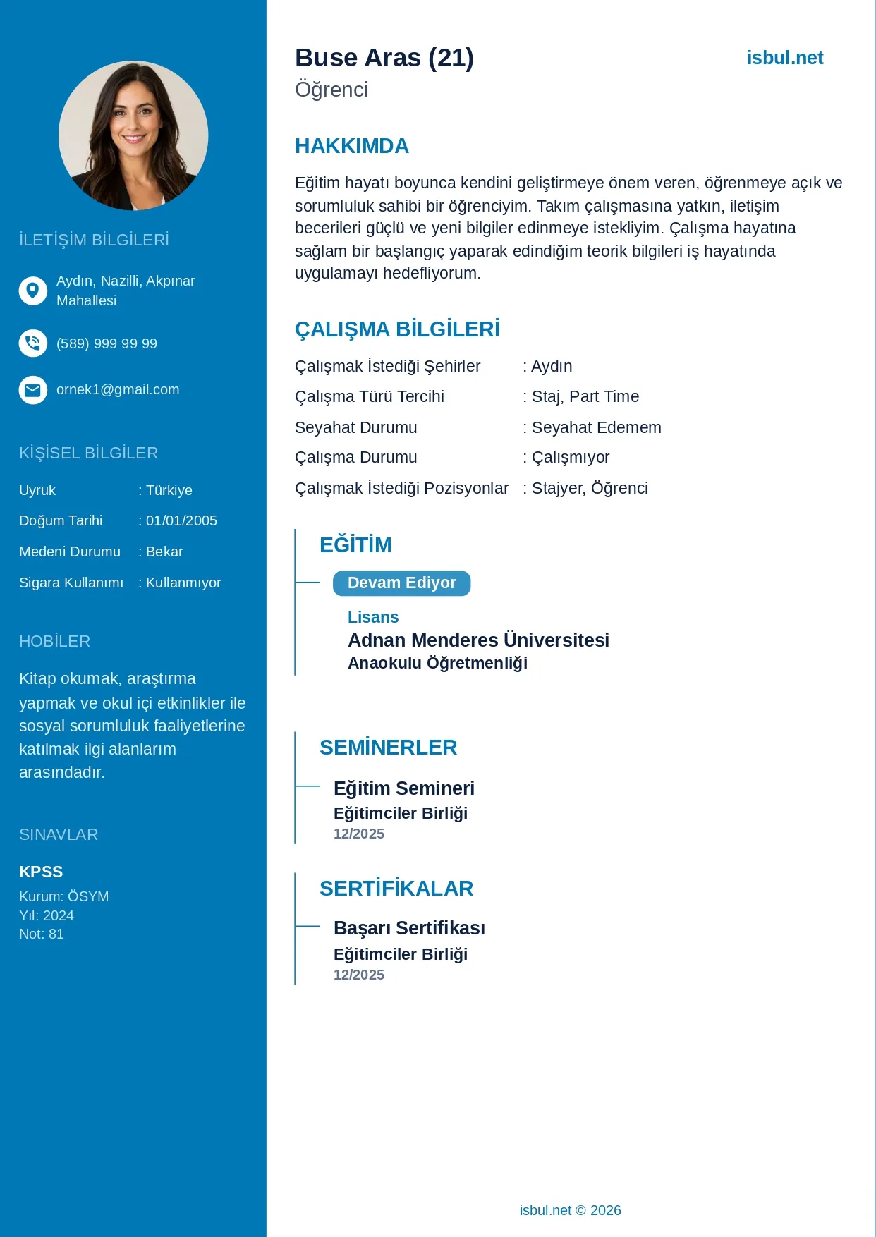 CV Ornegi: Ogrenci CV Ornegi
