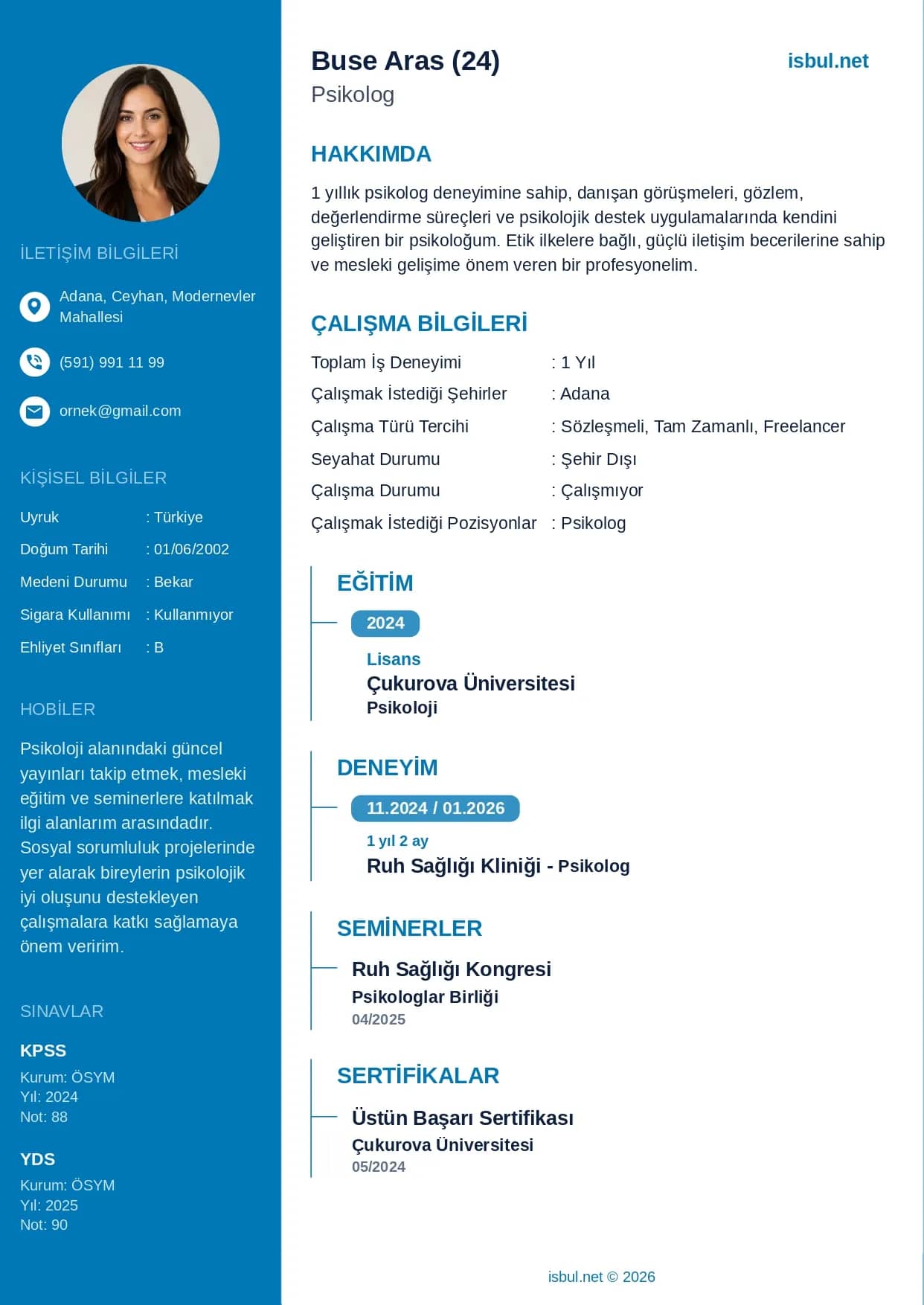 CV Örneği: Psikolog CV Örneği