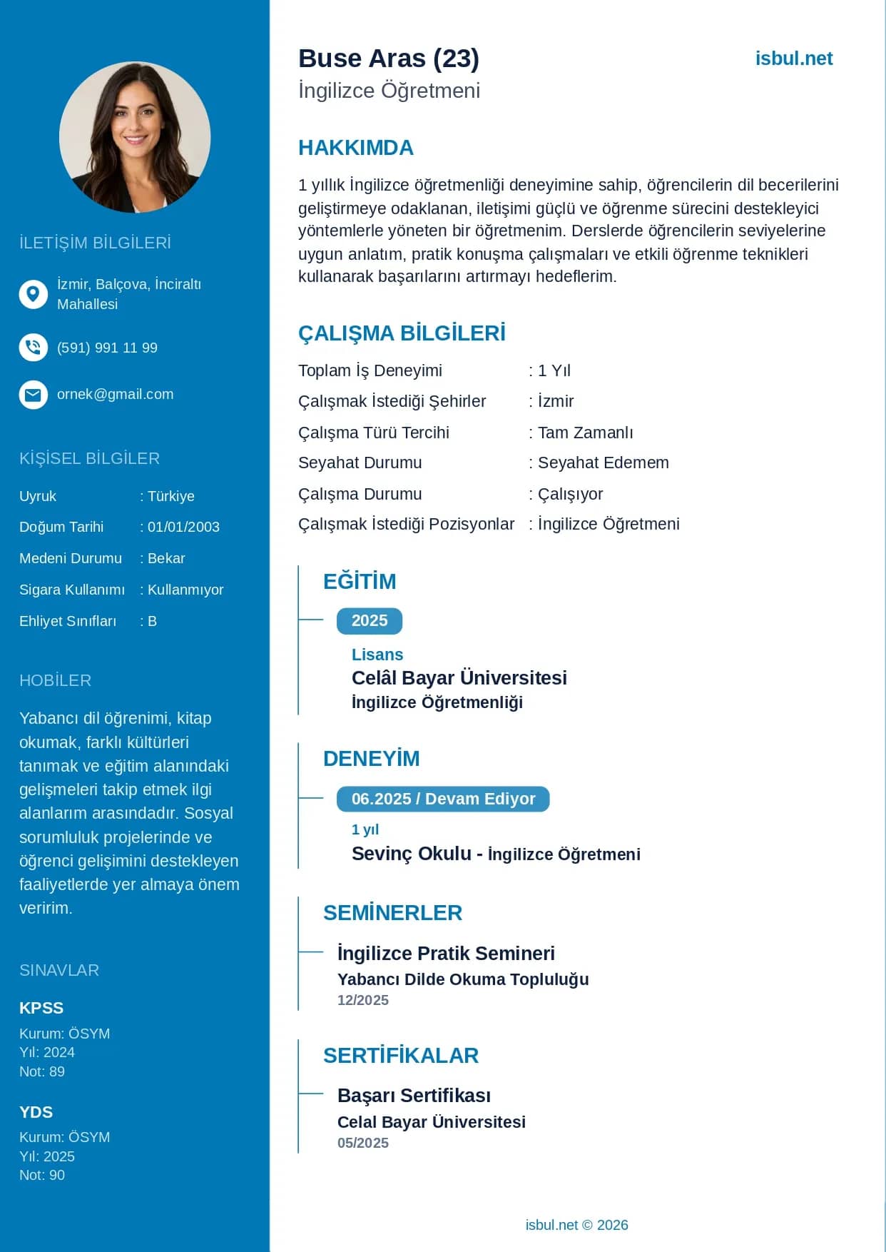 CV Örneği: İngilizce Öğretmeni CV Örneği
