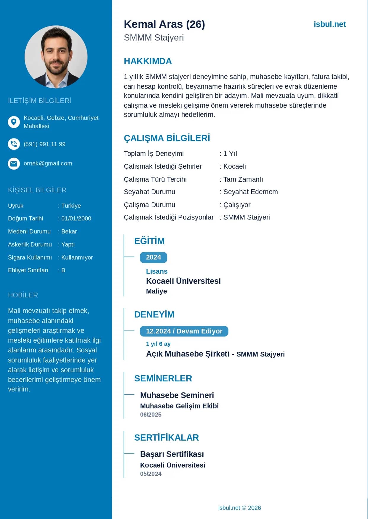 CV Örneği: SMMM Stajyer CV Örneği